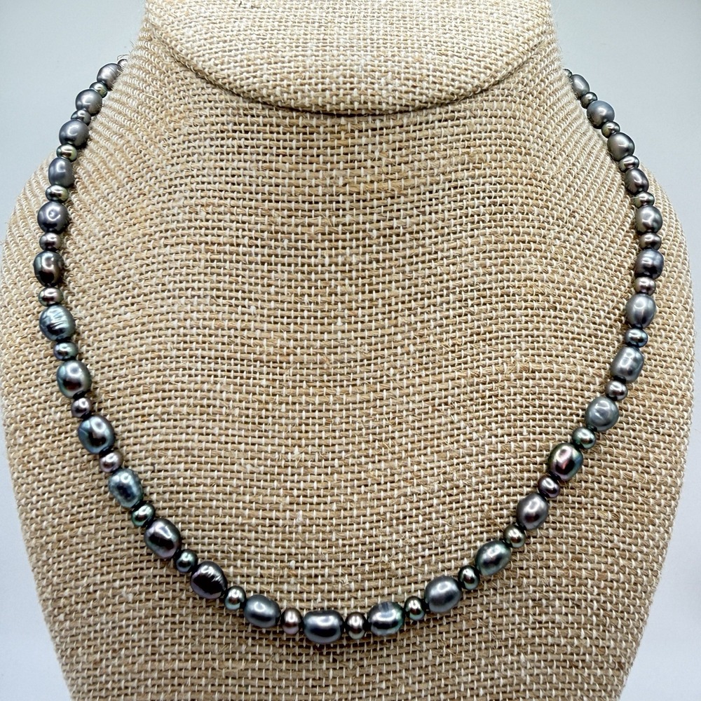 Black Peacock Pearl Necklace 16" Baroque Freshwater Style Iridescent